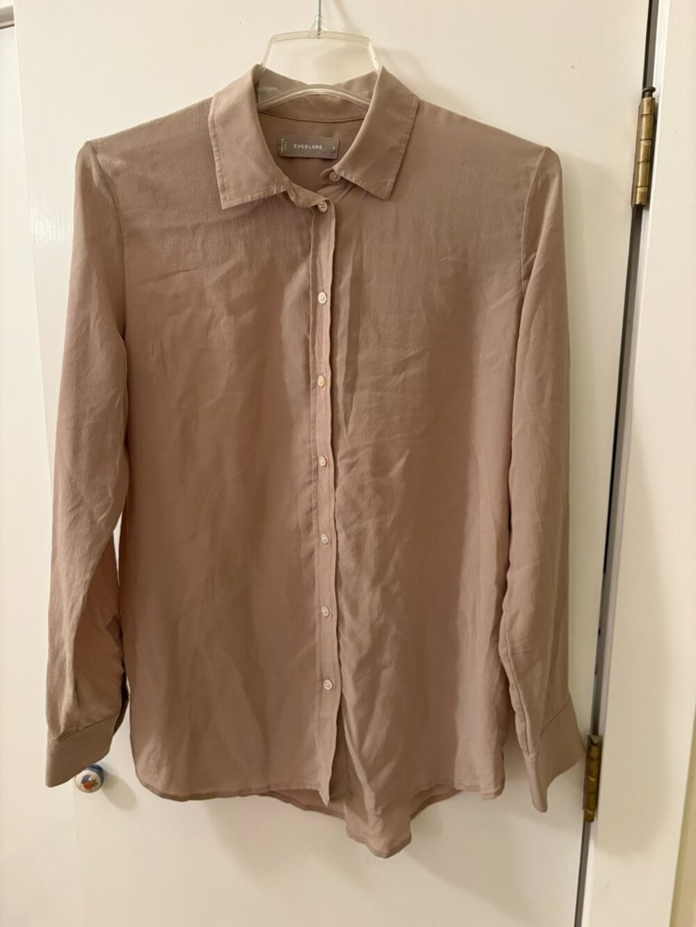 100% silk shirt long sleeve button down Everlane size 8 tan